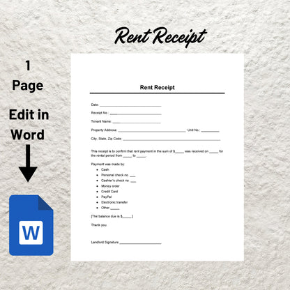 Landlord Rent Receipt Template Tenant Rental Receipt Rent Payment Receipt Editable Printable Rent Rent Receipt Form Microsoft Word PDF