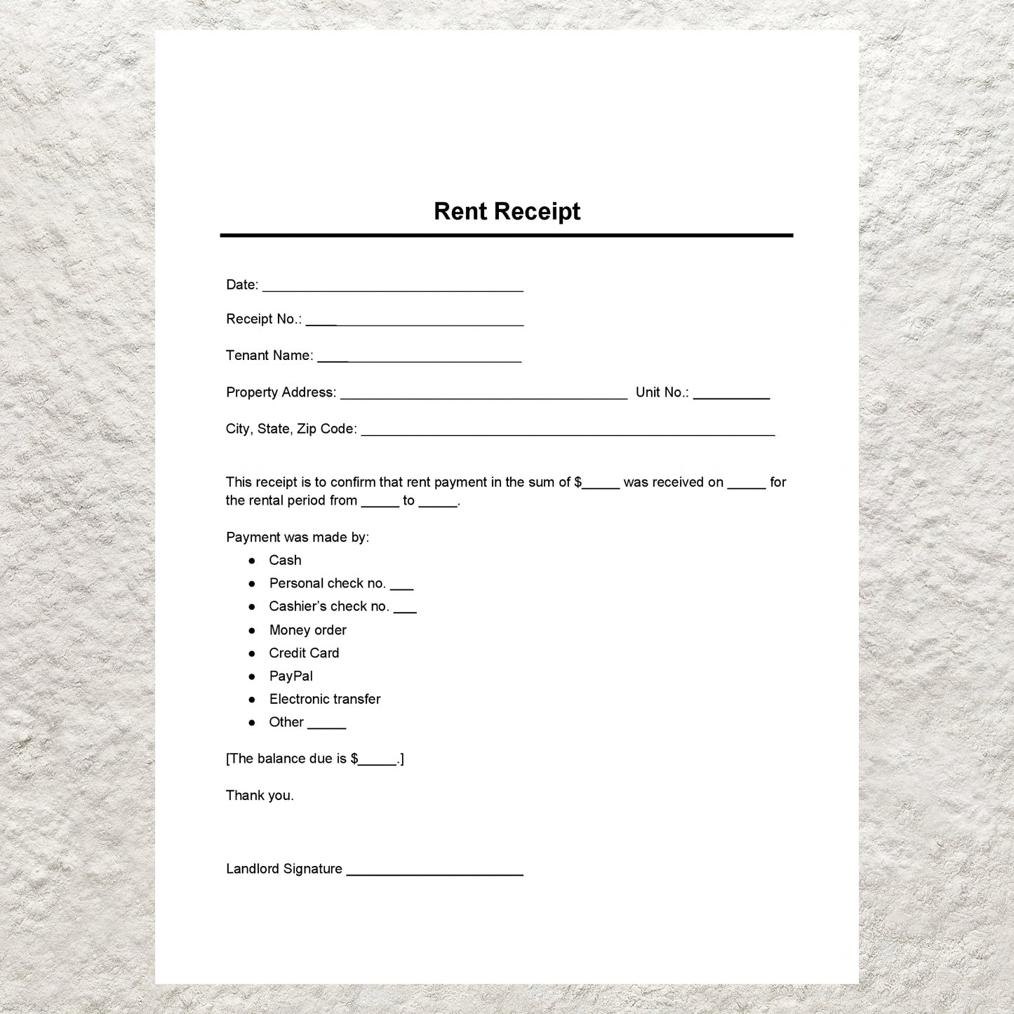 Landlord Rent Receipt Template Tenant Rental Receipt Rent Payment Receipt Editable Printable Rent Rent Receipt Form Microsoft Word PDF