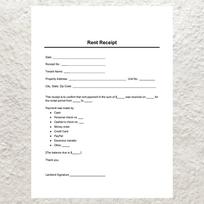 Landlord Rent Receipt Template Tenant Rental Receipt Rent Payment Receipt Editable Printable Rent Rent Receipt Form Microsoft Word PDF