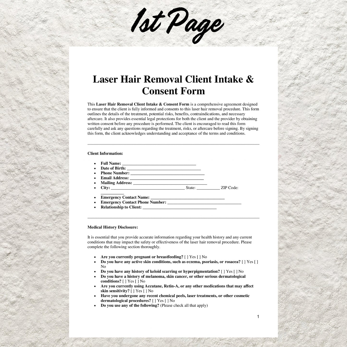 Laser Hair Removal Consent Form Template Editable Laser Hair Reduction Form Printable Laser Hair Removal Client Intake Form Esthetician Form