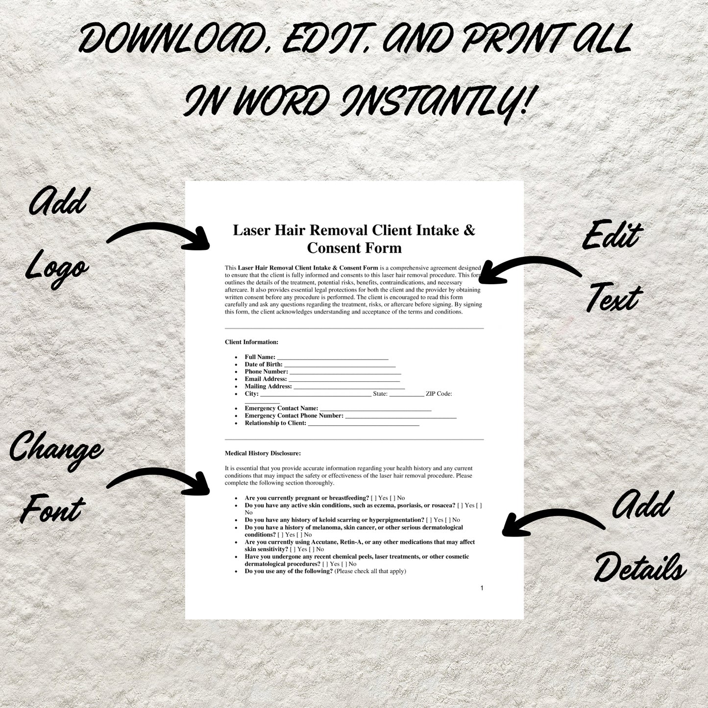 Laser Hair Removal Consent Form Template Editable Laser Hair Reduction Form Printable Laser Hair Removal Client Intake Form Esthetician Form