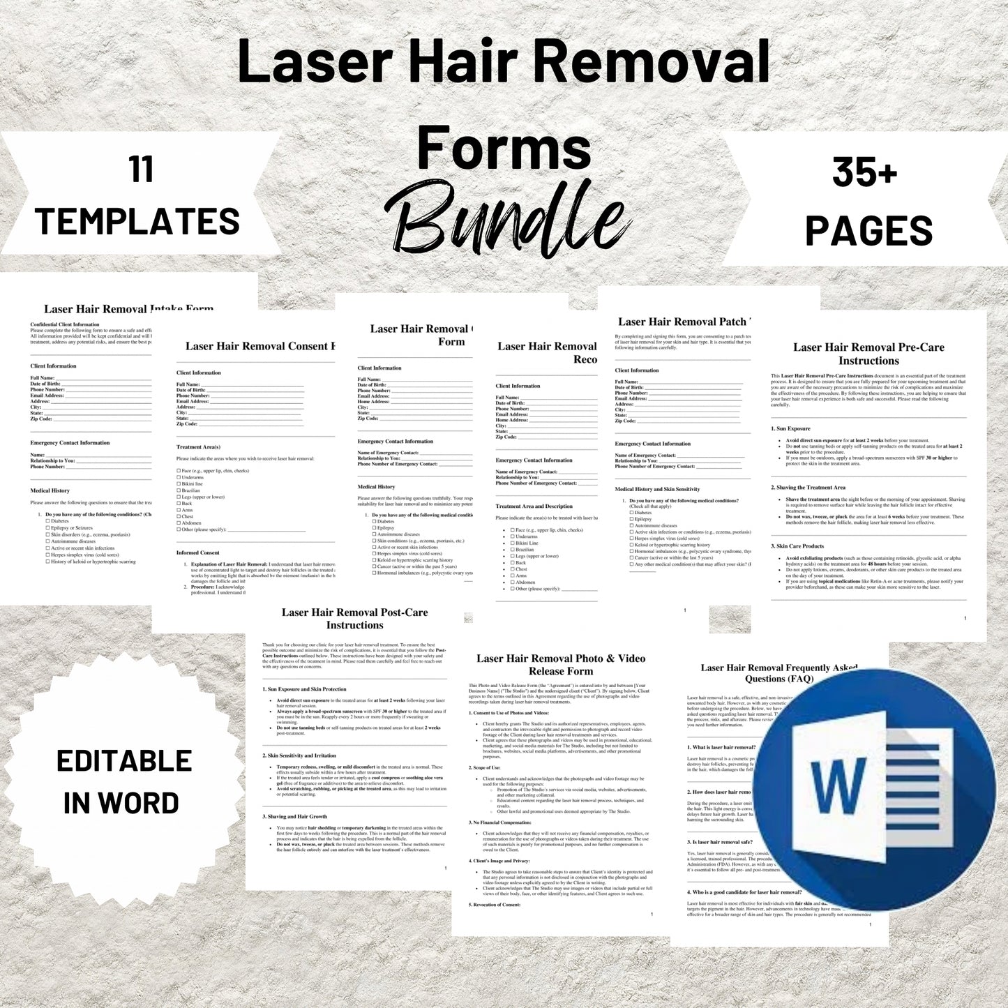 Laser Hair Removal Consent Forms Bundle Editable Laser Hair Reduction Intake Form Printable Fitzpatrick Scale Client Treatment Record Forms