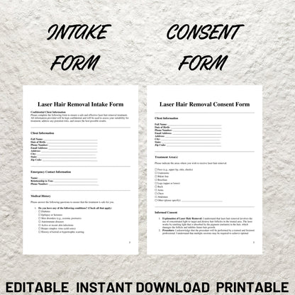 Laser Hair Removal Consent Forms Bundle Editable Laser Hair Reduction Intake Form Printable Fitzpatrick Scale Client Treatment Record Forms