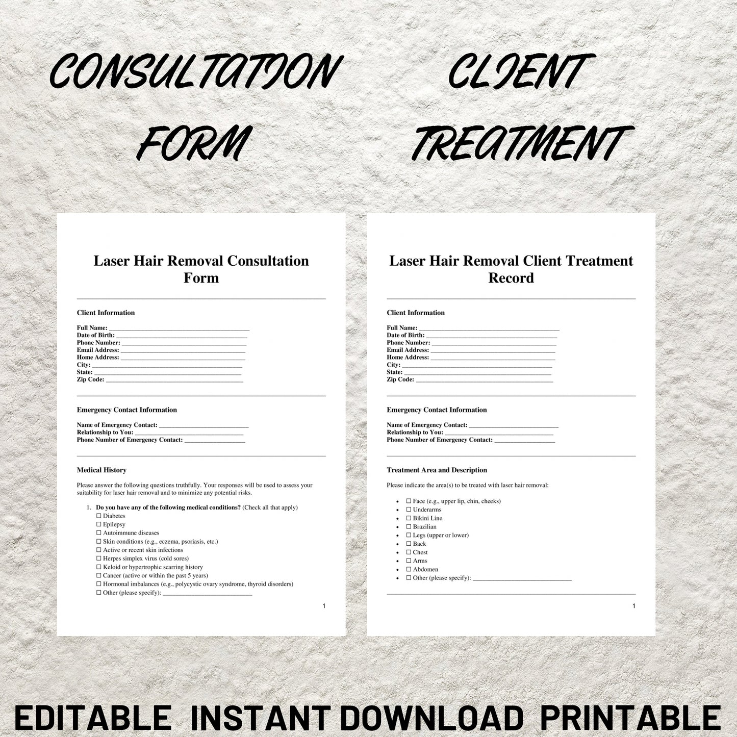 Laser Hair Removal Consent Forms Bundle Editable Laser Hair Reduction Intake Form Printable Fitzpatrick Scale Client Treatment Record Forms