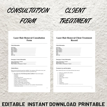 Laser Hair Removal Consent Forms Bundle Editable Laser Hair Reduction Intake Form Printable Fitzpatrick Scale Client Treatment Record Forms