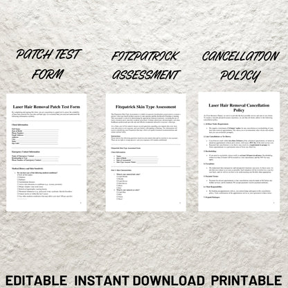 Laser Hair Removal Consent Forms Bundle Editable Laser Hair Reduction Intake Form Printable Fitzpatrick Scale Client Treatment Record Forms