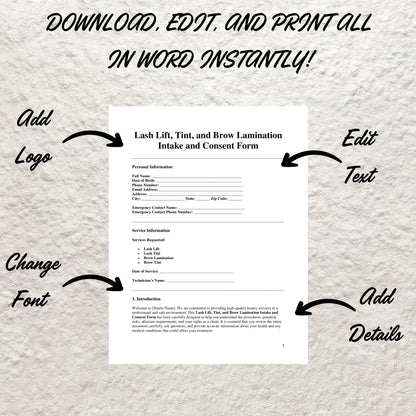 Lash Lift and Brow Lamination Consent Form Template Editable Lash Intake Form Printable Brow Lamination Consent Form Esthetician Salon Form