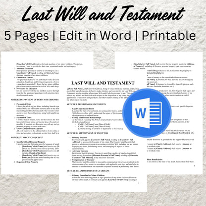 Last Will and Testament Template Editable Last Will and Testament Printable Estate Planning Legal Document Inheritance Rights Living Will