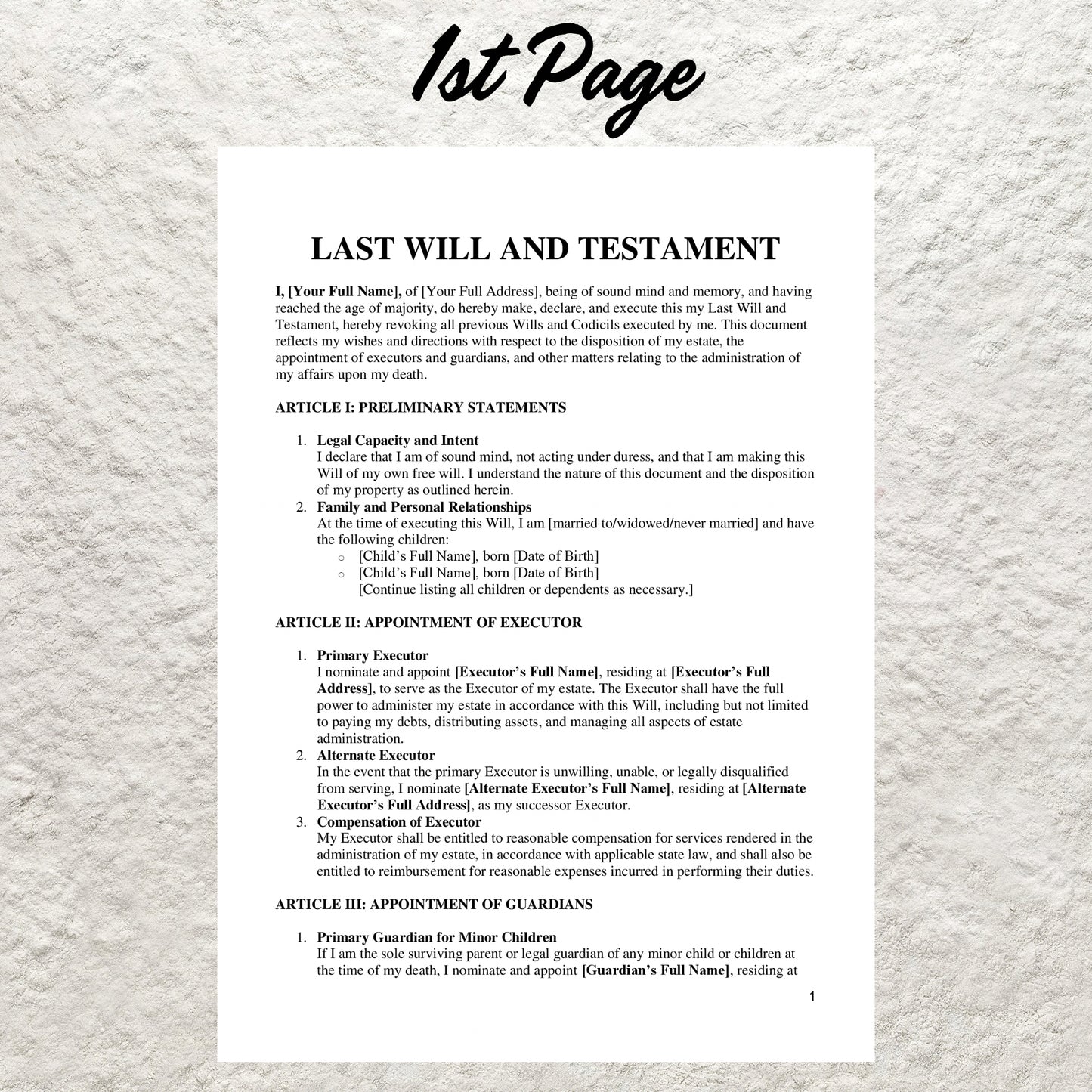 Last Will and Testament Template Editable Last Will and Testament Printable Estate Planning Legal Document Inheritance Rights Living Will