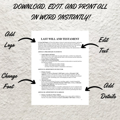 Last Will and Testament Template Editable Last Will and Testament Printable Estate Planning Legal Document Inheritance Rights Living Will