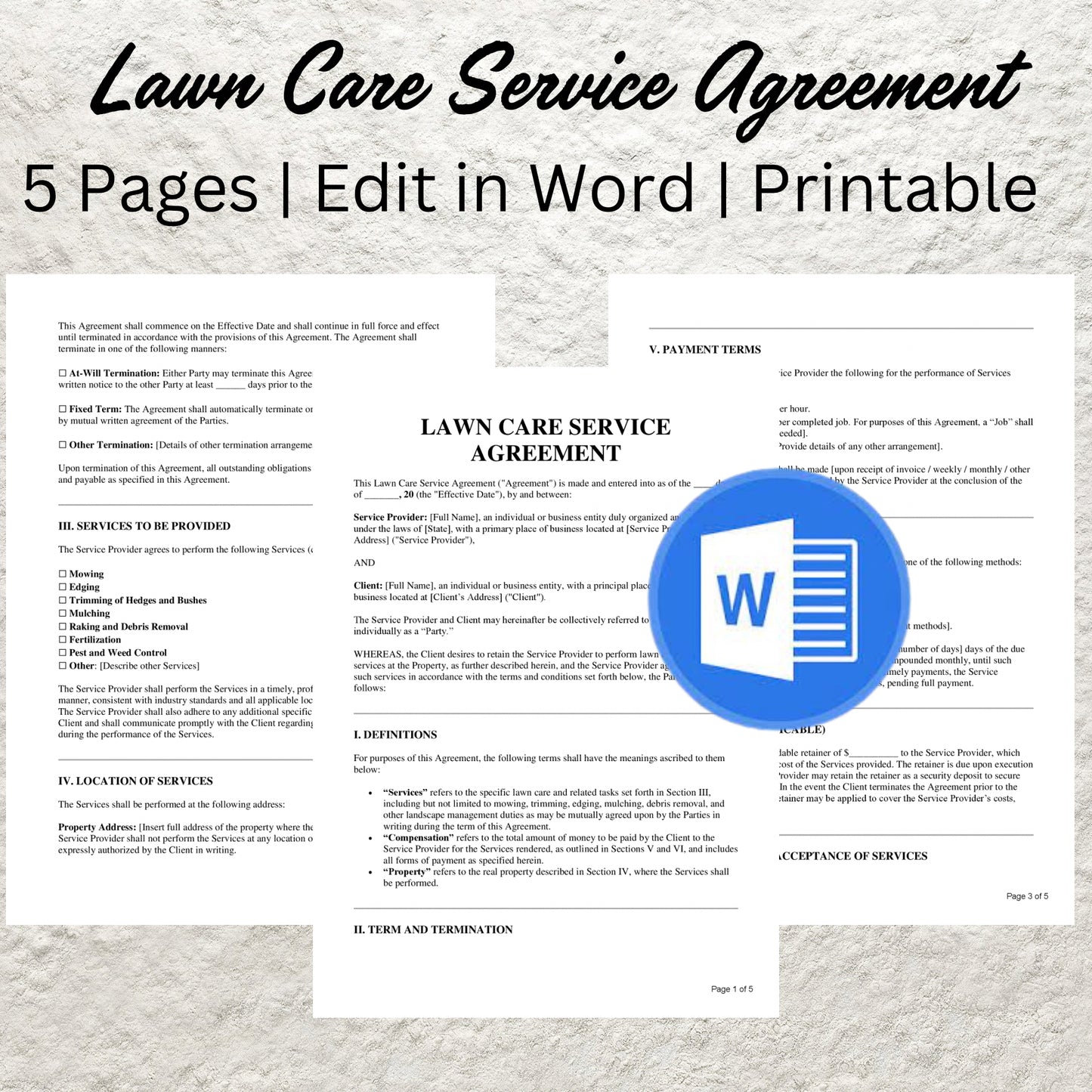 Lawn Care Contract Template Editable Lawn Care Service Agreement Contract Printable Mow Contract  Landscaping Maintenance Agreement Form