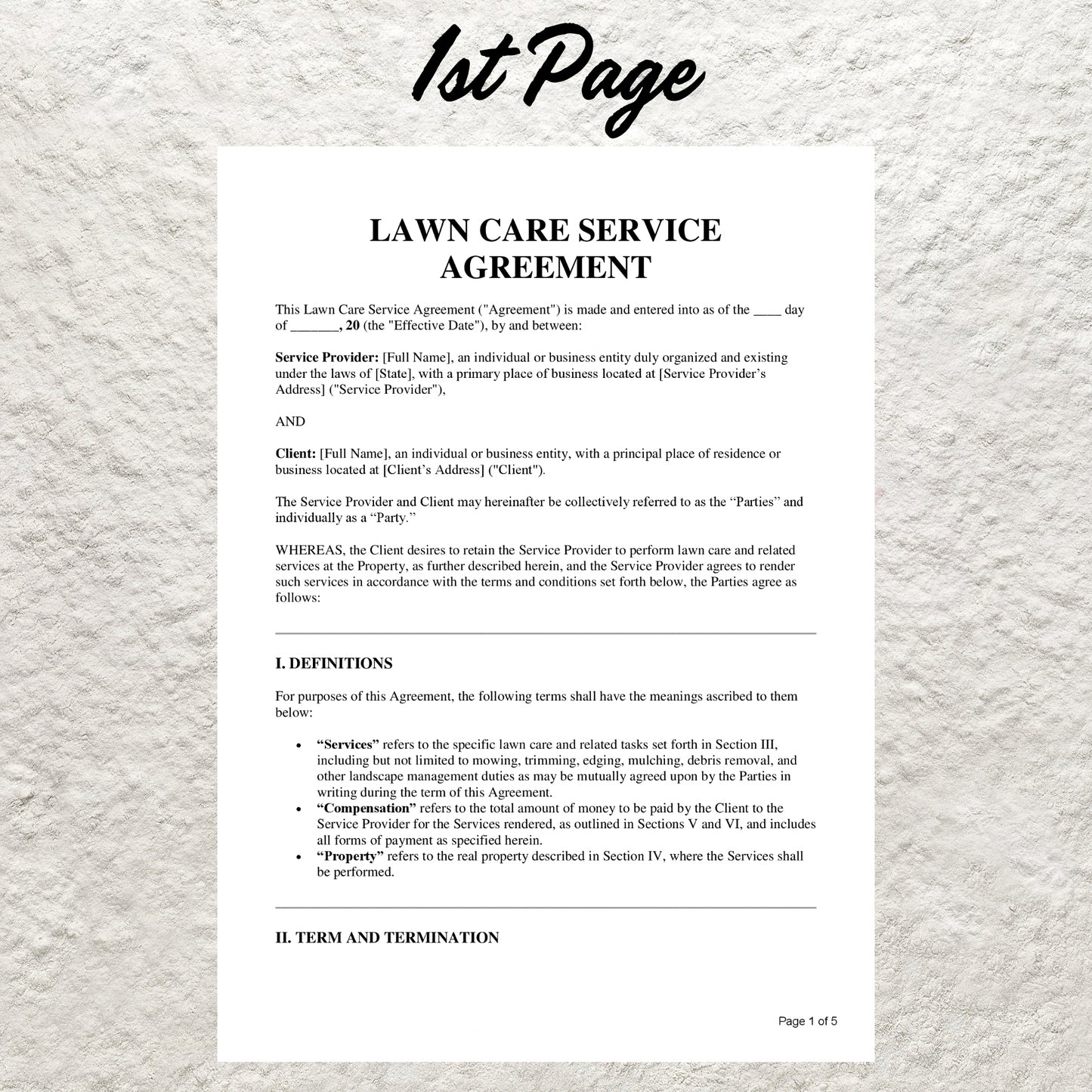 Lawn Care Contract Template Editable Lawn Care Service Agreement Contract Printable Mow Contract  Landscaping Maintenance Agreement Form