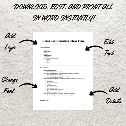 Lemon Fat Dissolving Treatment Forms Bundle Editable Lemon Bottle Consent Form Printable Lemon Bottle Intake Form Client Consultation Form