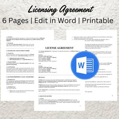 Licensing Agreement Template Editable Copyright License Agreement Printable Royalty Contract Licensee Contract Licensor Agreement Form