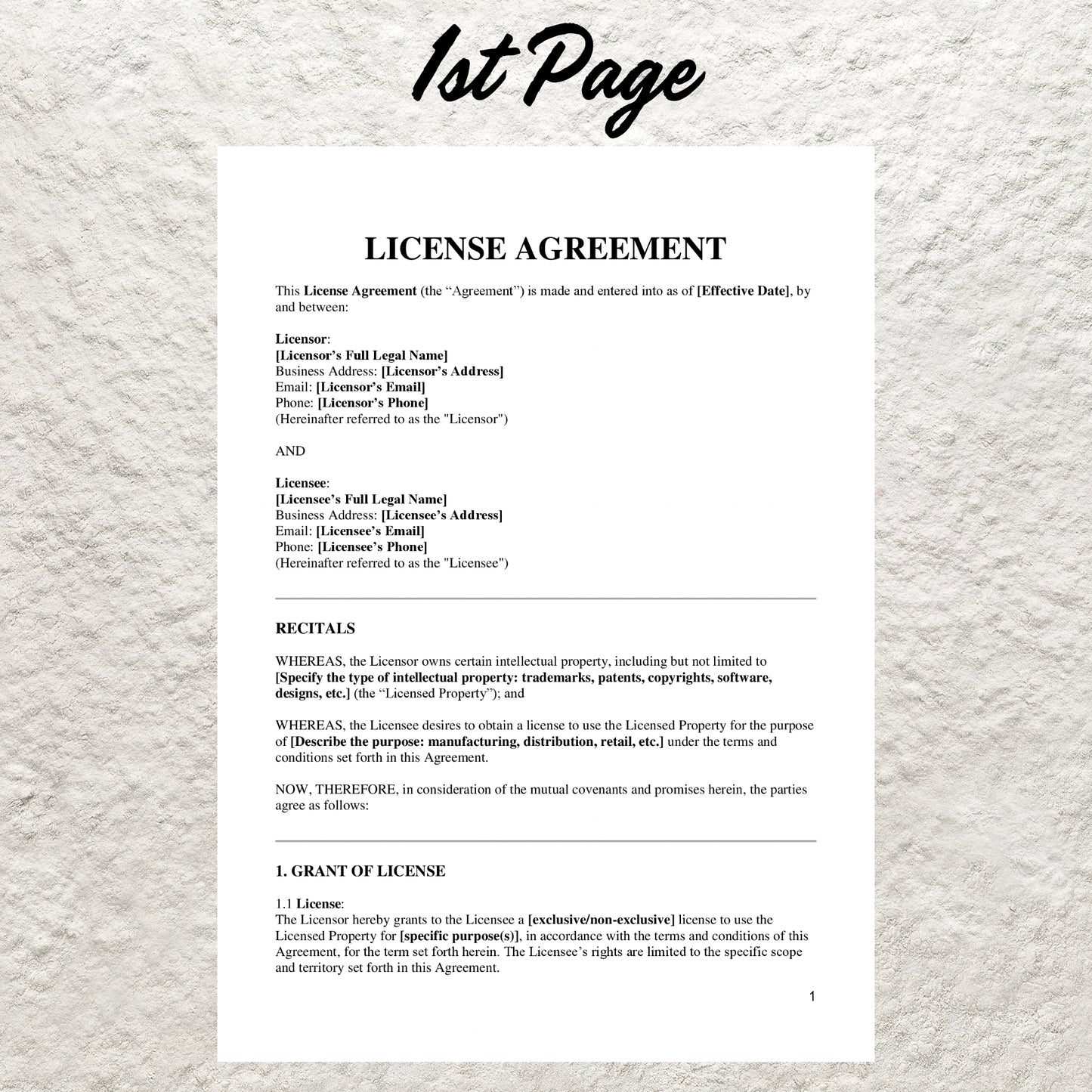 Licensing Agreement Template Editable Copyright License Agreement Printable Royalty Contract Licensee Contract Licensor Agreement Form