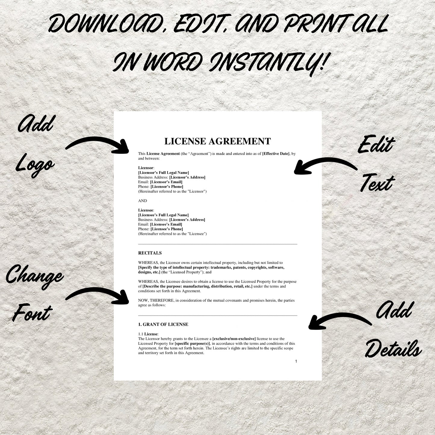 Licensing Agreement Template Editable Copyright License Agreement Printable Royalty Contract Licensee Contract Licensor Agreement Form