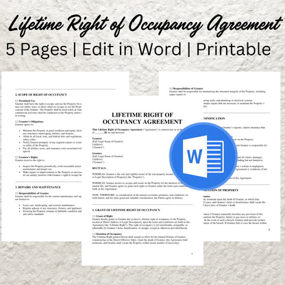 Lifetime Right of Occupancy Agreement Template Editable Lifetime Occupancy Agreement Contract Form Printable Home Living Contract Form