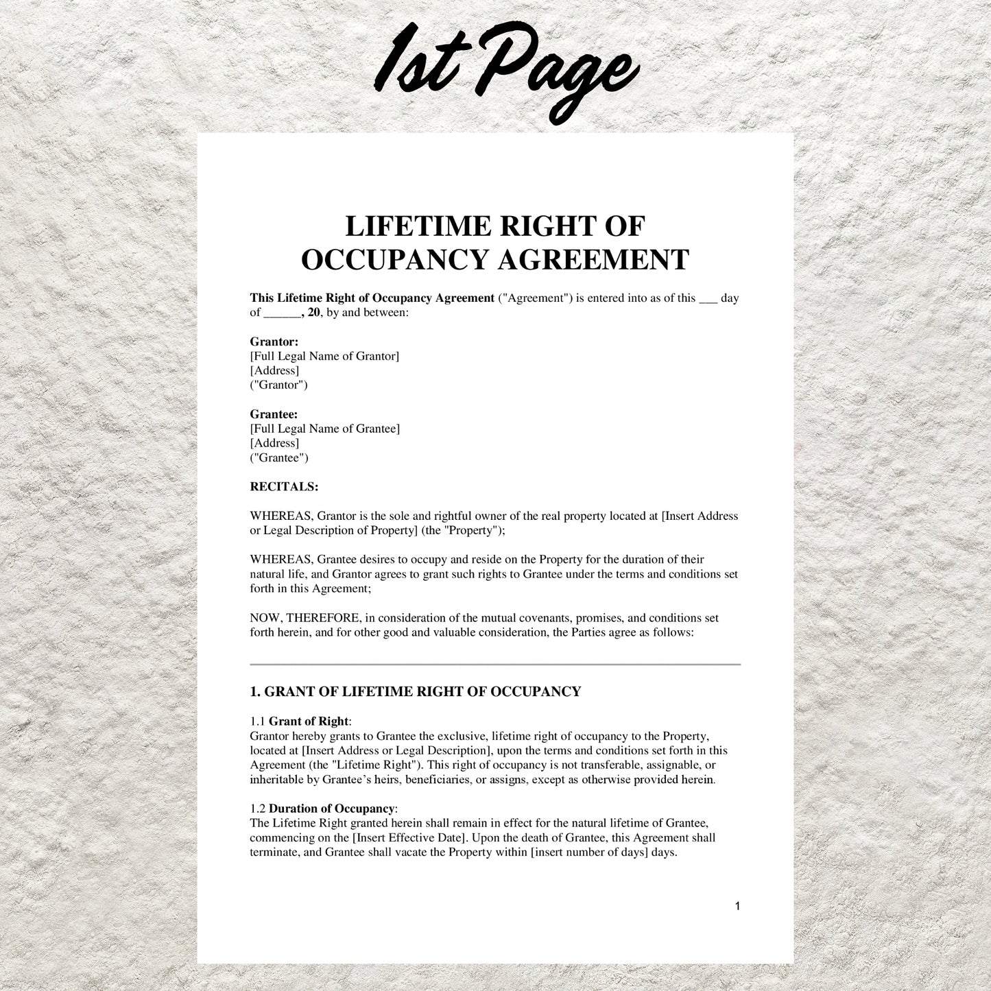 Lifetime Right of Occupancy Agreement Template Editable Lifetime Occupancy Agreement Contract Form Printable Home Living Contract Form