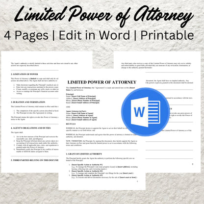 Limited Power of Attorney Template Editable Limited Power of Attorney Agreement Printable Limited POA Standard POA Authorization Form