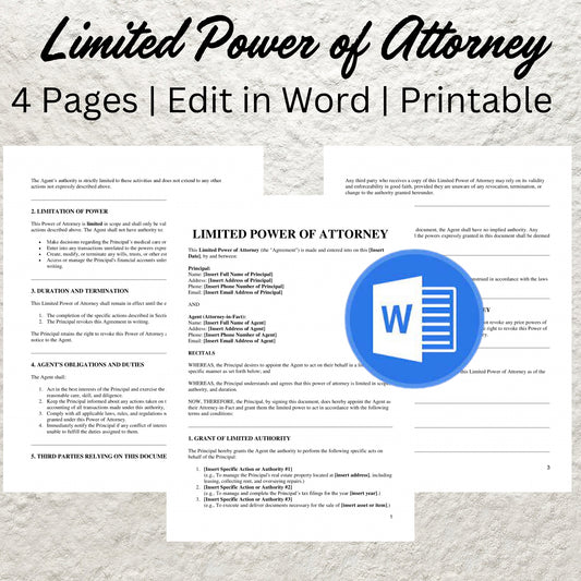 Limited Power of Attorney Template Editable Limited Power of Attorney Agreement Printable Limited POA Standard POA Authorization Form