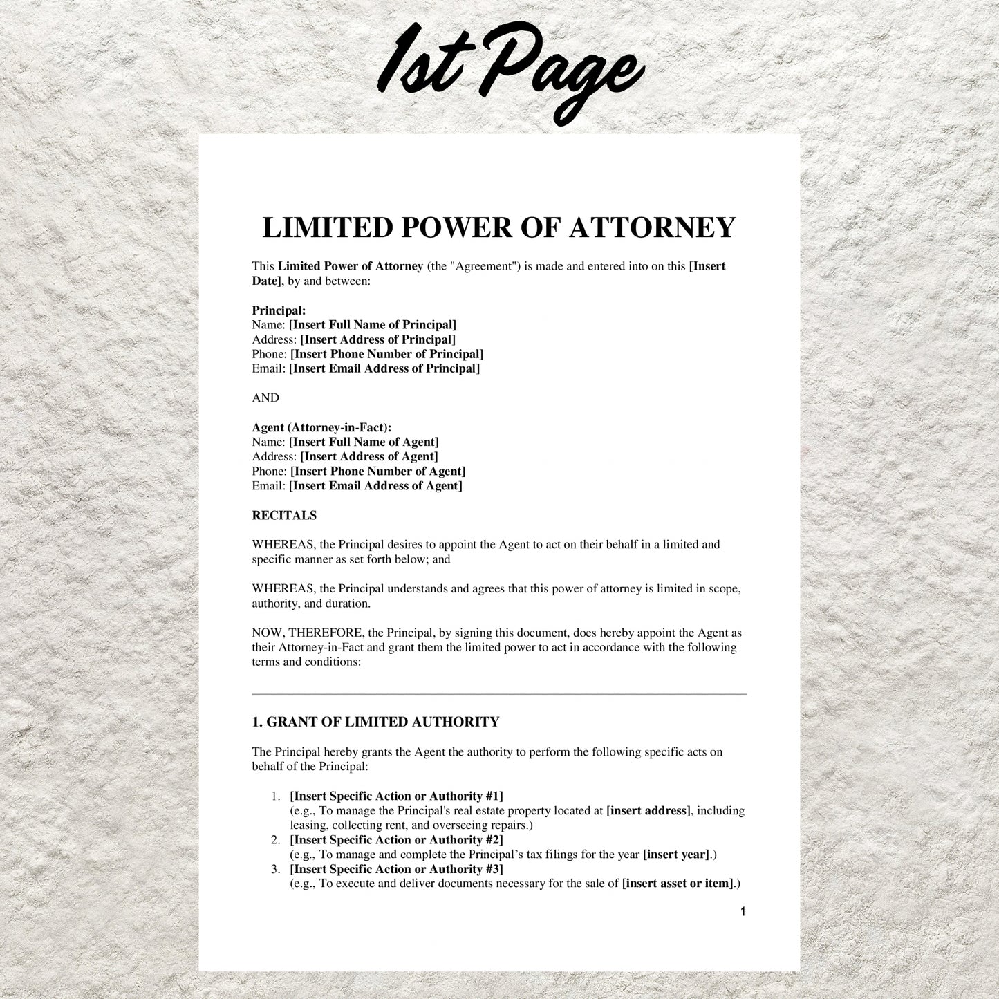 Limited Power of Attorney Template Editable Limited Power of Attorney Agreement Printable Limited POA Standard POA Authorization Form