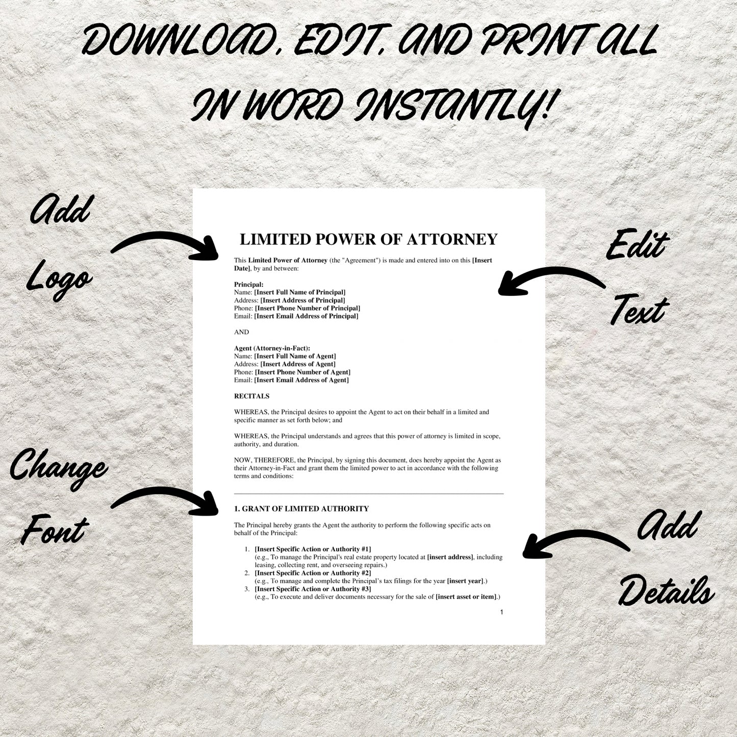 Limited Power of Attorney Template Editable Limited Power of Attorney Agreement Printable Limited POA Standard POA Authorization Form