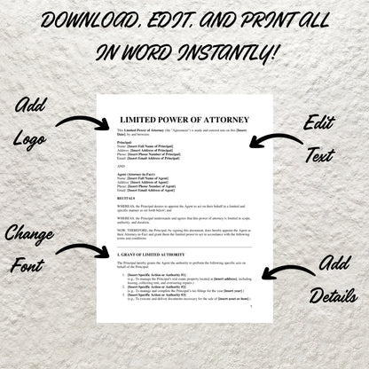 Limited Power of Attorney Template Editable Limited Power of Attorney Agreement Printable Limited POA Standard POA Authorization Form