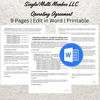 LLC Operating Agreement Form Template Editable Single/ Multi Member LLC Operating Agreement Printable Single Member LLC Operating Agreement