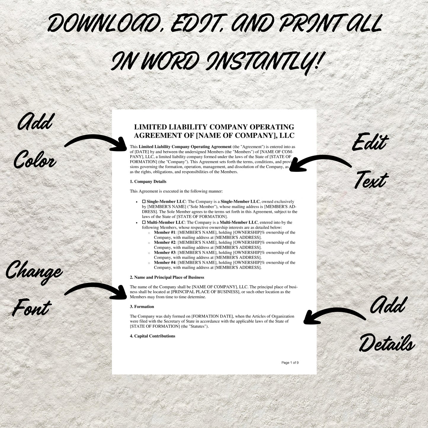 LLC Operating Agreement Form Template Editable Single/ Multi Member LLC Operating Agreement Printable Single Member LLC Operating Agreement