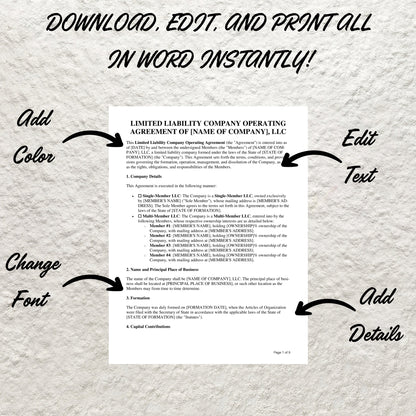 LLC Operating Agreement Form Template Editable Single/ Multi Member LLC Operating Agreement Printable Single Member LLC Operating Agreement