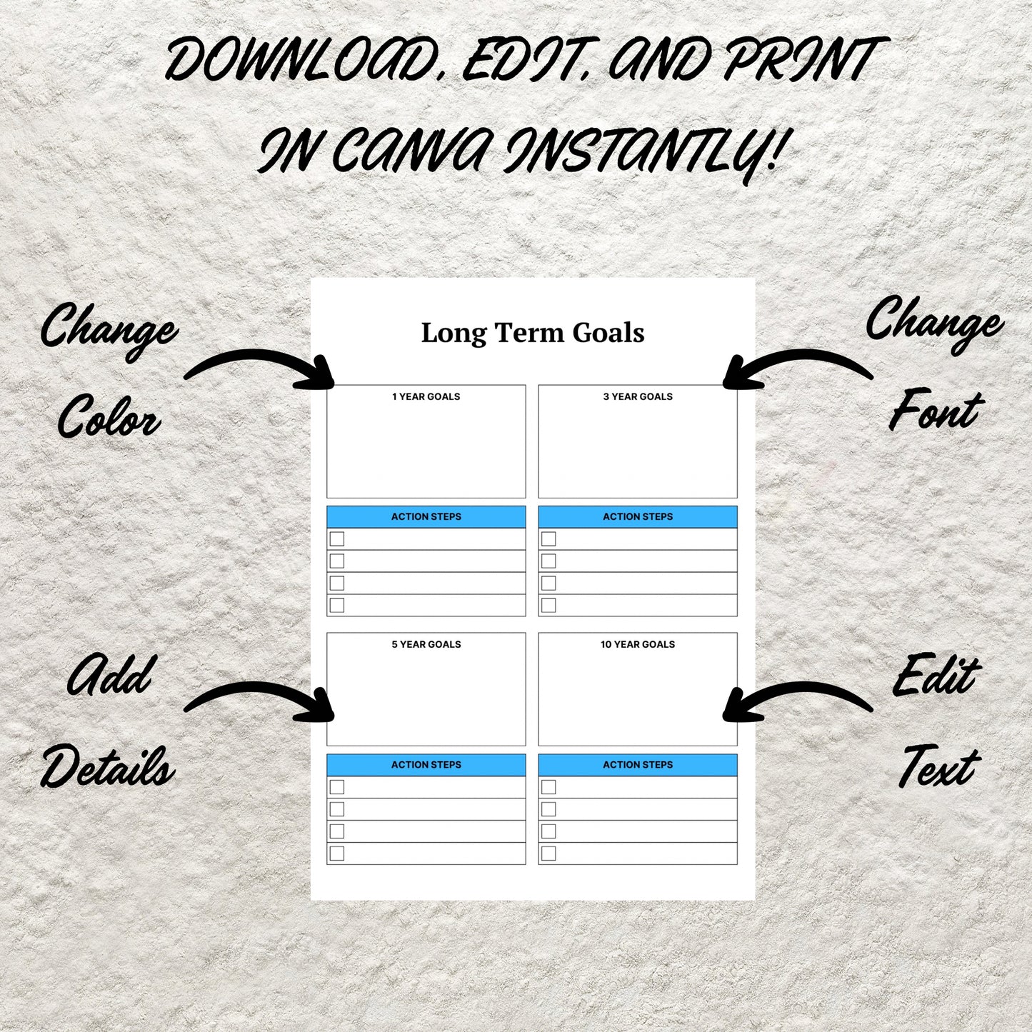 Long Term Goal Planner Template Printable Goal Setting Productivity Planner Annual Life Goal Yearly Editable Vision Planner Goal Tracker