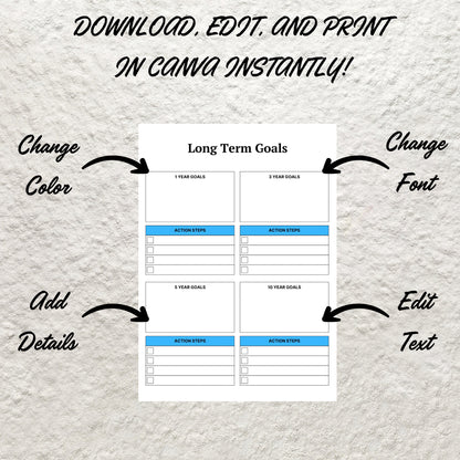 Long Term Goal Planner Template Printable Goal Setting Productivity Planner Annual Life Goal Yearly Editable Vision Planner Goal Tracker