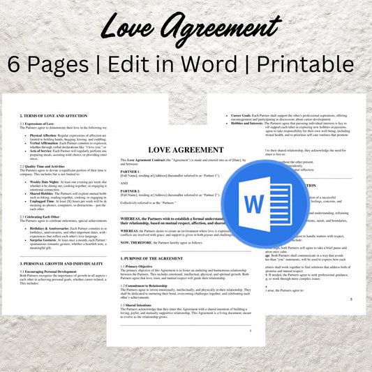 Love Agreement Template Editable Couples Commitment Plan Contract Printable Relationship Contract Relationship Blueprint Harmony and Growth