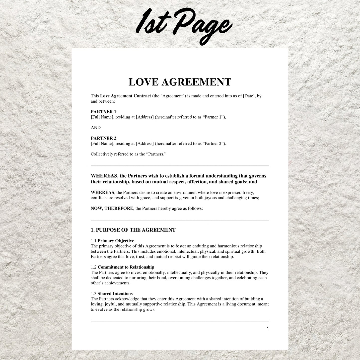 Love Agreement Template Editable Couples Commitment Plan Contract Printable Relationship Contract Relationship Blueprint Harmony and Growth