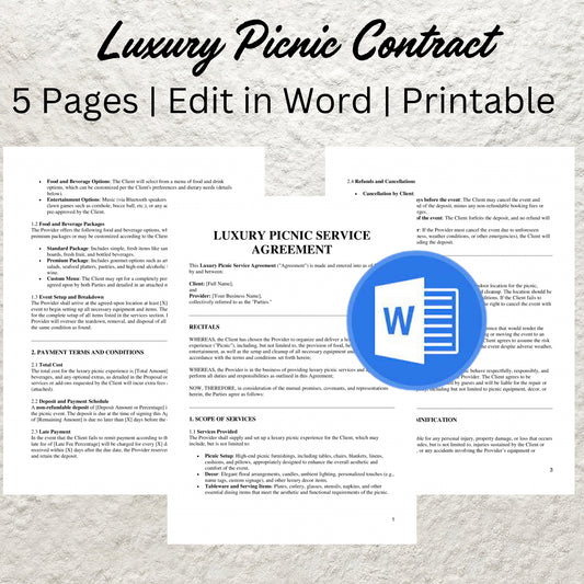 Luxury Picnic Contract Template Editable Picnic Set Up Service Agreement Printable Luxury Picnic Form Luxury Picnic Business Contract Form