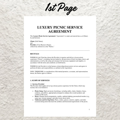 Luxury Picnic Contract Template Editable Picnic Set Up Service Agreement Printable Luxury Picnic Form Luxury Picnic Business Contract Form