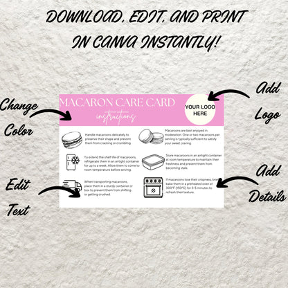 Macaron Care Card Canva Template Editable Bakery Macaron Care Card Guide Instructions Printable Wedding Macarons Card Instant Download