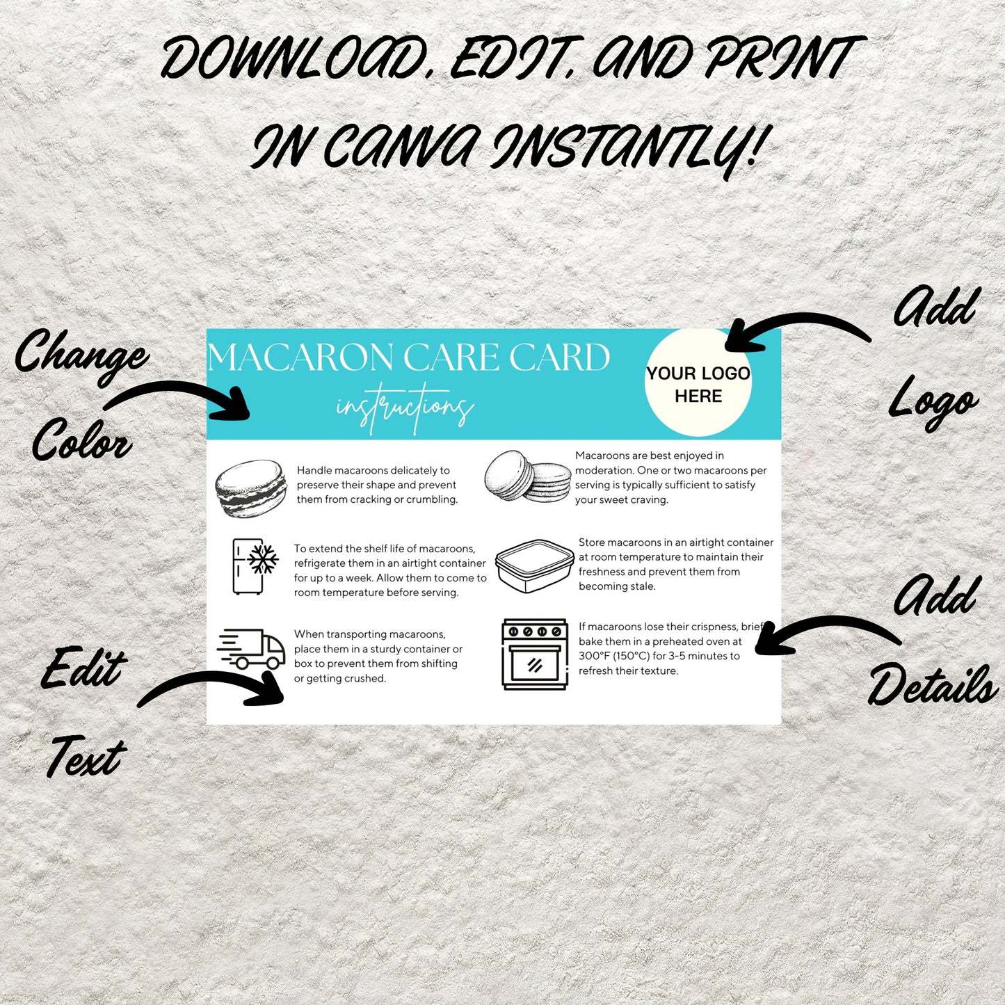 Macaron Care Card Canva Template Editable Bakery Macaron Care Card Guide Instructions Printable Wedding Macarons Card Instant Download