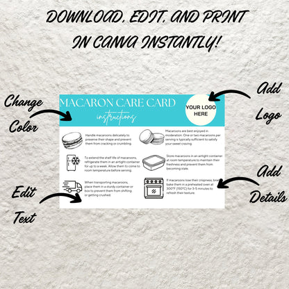 Macaron Care Card Canva Template Editable Bakery Macaron Care Card Guide Instructions Printable Wedding Macarons Card Instant Download