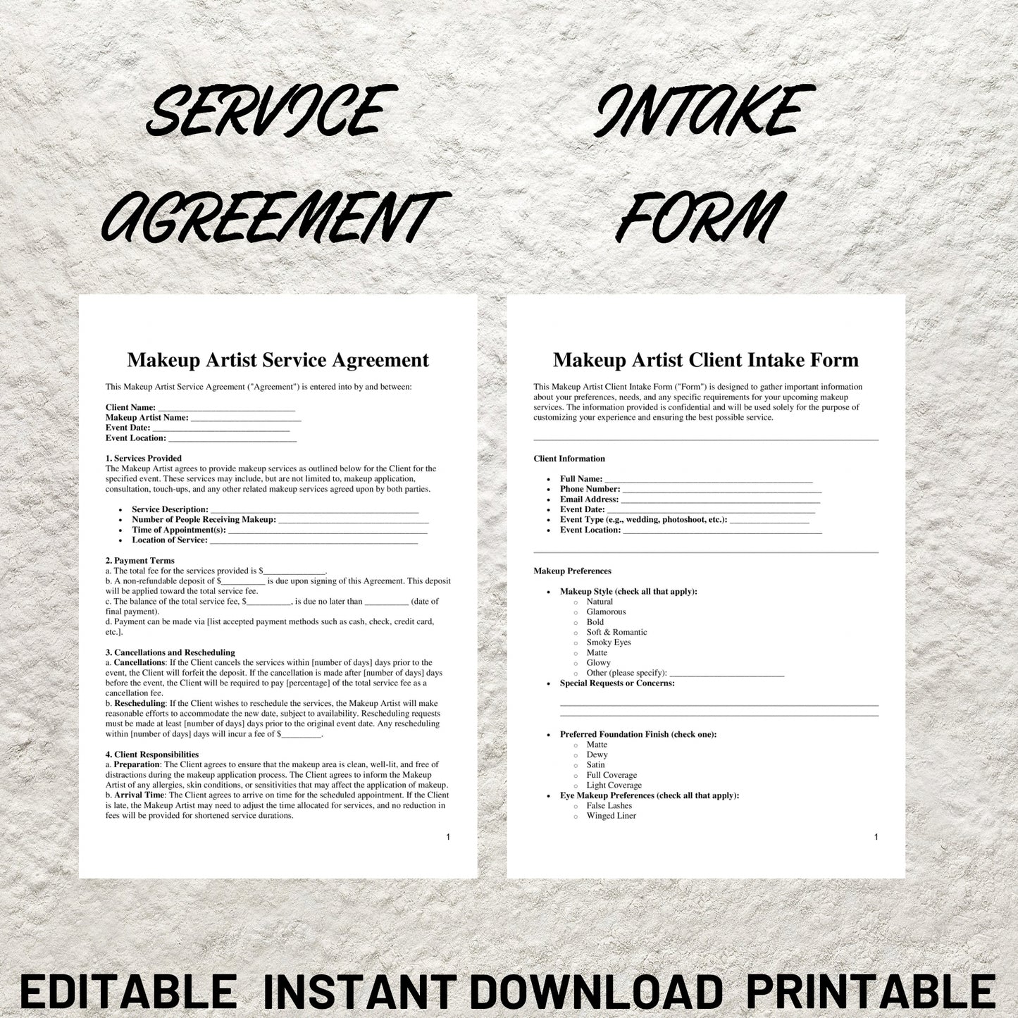 Makeup Artist Forms Bundle Editable Makeup Artist Contract Template Printable Bridal Makeup Contract Makeup MUA Service Agreement Form