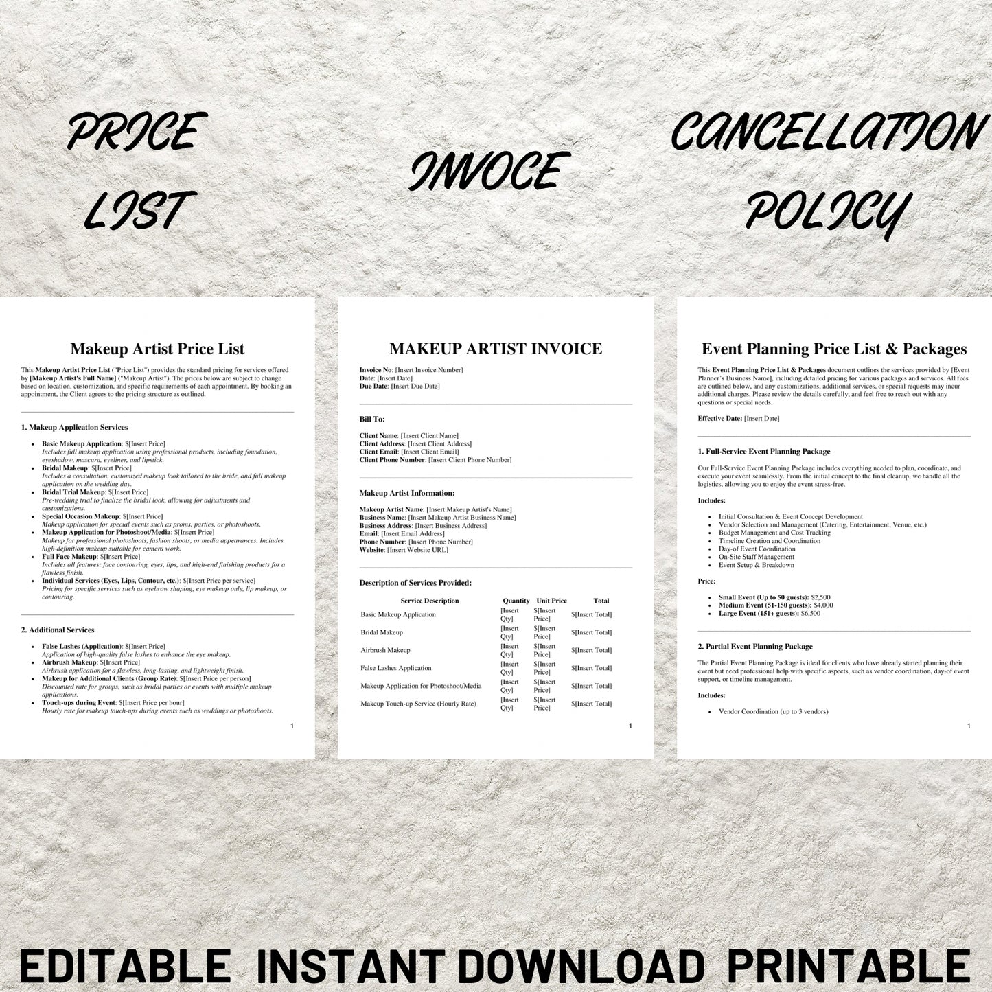 Makeup Artist Forms Bundle Editable Makeup Artist Contract Template Printable Bridal Makeup Contract Makeup MUA Service Agreement Form