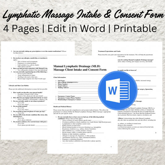 Manual Lymphatic Draining Massage Consent Form Template Editable Massage Intake Form Printable Massage Consultation Form Massage Therapist