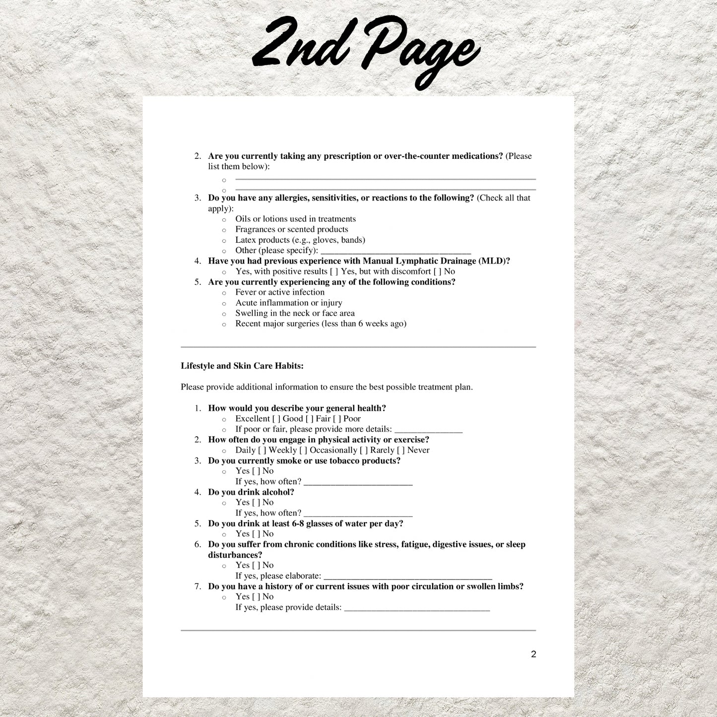 Manual Lymphatic Draining Massage Consent Form Template Editable Massage Intake Form Printable Massage Consultation Form Massage Therapist