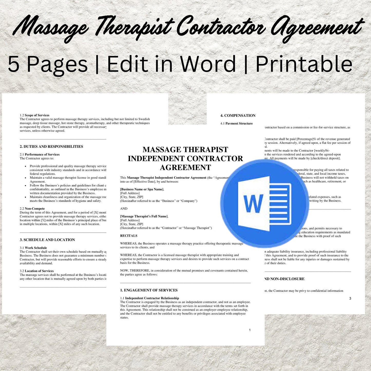 Massage Therapist Independent Contractor Agreement Template Editable Massage Therapist Contract Printable Spa Contract Massage Therapy Forms