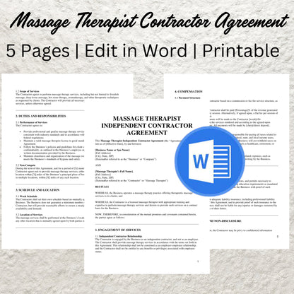 Massage Therapist Independent Contractor Agreement Template Editable Massage Therapist Contract Printable Spa Contract Massage Therapy Forms