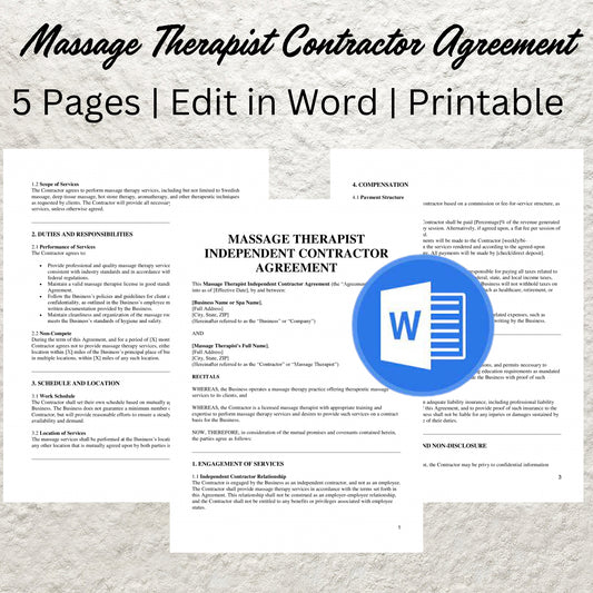 Massage Therapist Independent Contractor Agreement Template Editable Massage Therapist Contract Printable Spa Contract Massage Therapy Forms