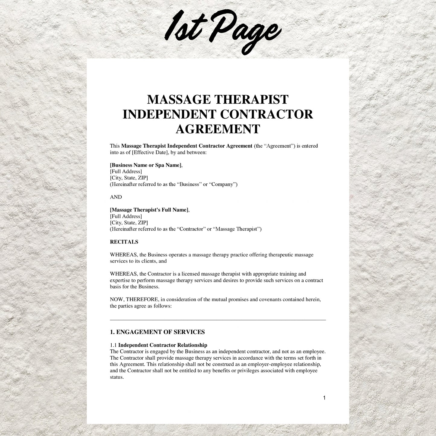 Massage Therapist Independent Contractor Agreement Template Editable Massage Therapist Contract Printable Spa Contract Massage Therapy Forms