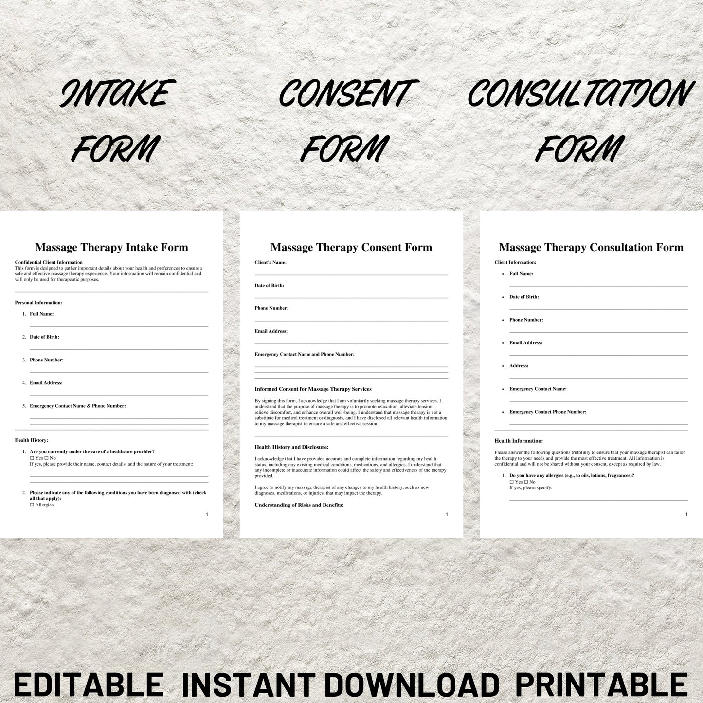 Massage Therapy Forms Bundle Editable Massage Intake Form Printable Massage Consent Form Massage Consultation Esthetician Spa Forms