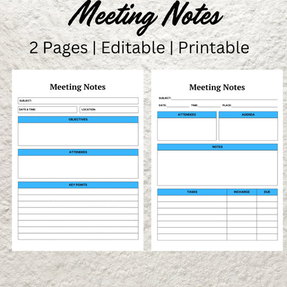 Meeting Notes Template Printable Meeting Minutes Business Project Record Business Gathering Agenda Meeting Notes Business Note Taking