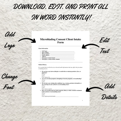 Microblading Consent Form Template Editable Professional Microblading Form Printable Microblading Consultation Form Beauty Salon Forms